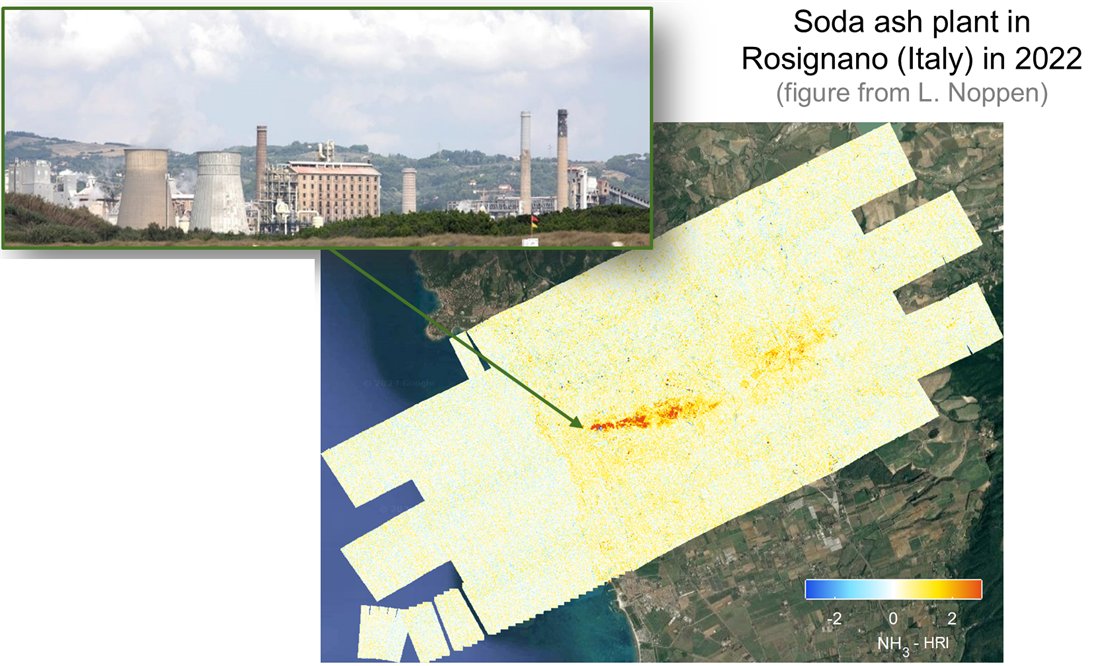 Photo of the soda ash plant in Rosignano and the NH3 map from the survey flight over it