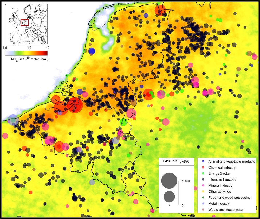 Map of atmospheric NH3 over Belgium, the Netherlands and surroundings with industrial and agricultural point sources